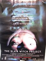 Poster for The Blair Witch Project featuring a close-up of a fearful face with dark background and text about the movie plot.
