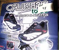 Box packaging for Cruisers shoe skates showing use for walking or skating, with branding and promotional text.