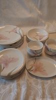 Full set showing plates and bowls with pink floral designs on white background.