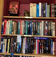 Books arranged on shelves with a mix of history and research titles, including hardcover and paperback books, along with a small metal Native American statue on the top shelf among some books.