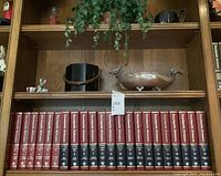 Full view of bookshelves with Encyclopedia Britannica volumes, metal bird decor bowl, black teapot, and black ice bucket