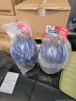 Two new Schwinn helmets in plastic bags showing full helmets.