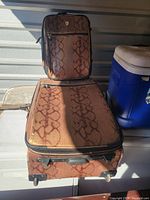 Photo of both suitcases stacked, showing size difference and faux snake skin exterior