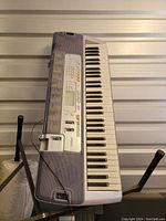 Full view of Casio electronic keyboard on black metal foldable stand.