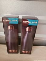 Two boxes of Central Park insulated tumblers shown front with product image and branding.