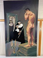 Full view of the painting featuring the nude male figure and three nuns, one holding a staff, with a decorative door in the background.