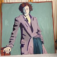 Full view of the original painting depicting a man in a waist coat and suit jacket against a muted green background with unframed canvas edges.