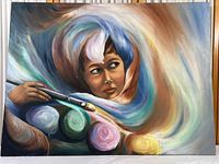 Front view of the entire original painting showing the woman's face surrounded by swirling colorful brush strokes.