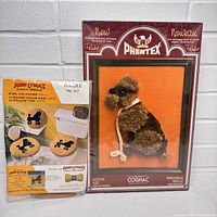 The Phentex yarn wall hanging kit box featuring a brown and black poodle sitting on an orange background, with the kit still sealed in its original packaging.
