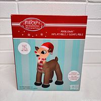 Photo of the Rudolph airblown inflatable box showing the product image, size (3.5 ft tall), and branding.