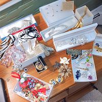 Tabletop display of assorted jewelry including chains, beads, pins, and brooches shown in open boxes and trays.
