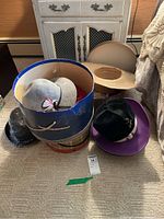 Multiple vintage hats placed on floor including gray felt hat with feathers, straw hats, and purple hat. Blue hat box partially filled with hats visible.