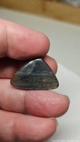 Handheld photo of triangular labradorite gemstone showing dark color with no flash visible, capturing overall size, shape, and surface condition.
