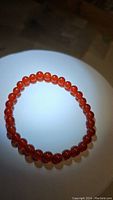Photo of the orange carnelian bead stretchy bracelet laid flat in a circle on a lit background, showing transparency and color of beads