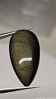Close-up of the pear-shaped cabochon gold sheen obsidian gemstone held by tweezers showing the gold shimmer and polished surface.