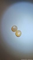 Two round cabochon peach moonstones on a white background showing their color and flash.