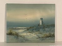 Full view of oil painting showing lighthouse and dunes with seagulls in distant sky.