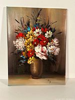 Full view of the oil painting showing a bouquet of colorful flowers in a brown vase.