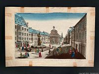 Wide view of the entire old colored etching showing street, buildings, people, and carriage