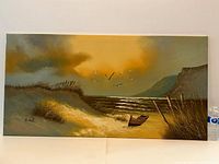 Full view of oil painting showing the entire coastal scene with boat, beach, dunes, cliffs, and flying birds. Signed in lower left corner.