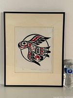 Full view of framed print on white background with water bottle for scale