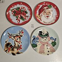 Four Christmas decorative plates arranged in two rows: candy cane and holly, Santa Claus, reindeer, snowman with animals.