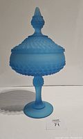 Side view of vintage Indiana Glass frosted satin diamond point covered compote on pedestal base.