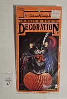 Full view of the sealed original packaging showing the black cat on pumpkin honeycomb tissue centerpiece decoration.