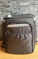 Front view of the insulated cooler backpack showing front compartments, black fabric with grey accent trim.