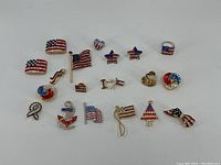 Overview photo showing 16 assorted patriotic pins with various designs and rhinestone decoration in red, white, and blue.