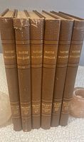 Front view of the six hardcover bound volumes of Nature Magazine, showing titles and volume numbers on spine with signs of wear and damage on edges.