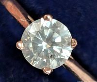 Top-down view of round brilliant diamond and six-prong setting on rose gold band