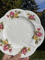 Front view of Shelley Begonia fine bone china plate showing floral design and embossed edge detail.