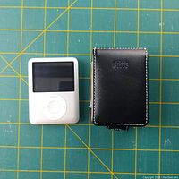 Front view of Apple iPod Classic 8GB with Roots leather case beside it on a green grid background.
