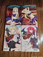 Four manga volumes on wood surface in two rows: Vampire Cheerleaders volumes 1 and 2 on top, High School DxD volumes 1 and 2 on bottom. Covers feature illustrated female characters in cheerleader and school outfits with supernatural themes.