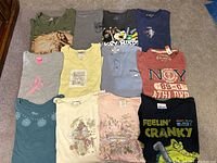 Lot of 12 assorted graphic short sleeve t-shirts in various colors and designs, sizes XL to XXL.