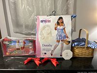 Full lot showing packaged dress, red hair bows, basket, and ruby red slippers