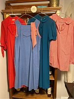 Seven women's vintage dresses hanging on a rack showing full dresses and style details