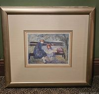 Full view of framed artwork showing impressionist style print of woman and child on bench.