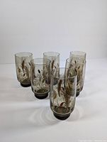 Photo showing all 6 vintage smoky glass cups arranged with design visible, featuring wheat stalks and red birds.