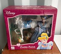 Front view of boxed porcelain Cinderella doll and horse collectible