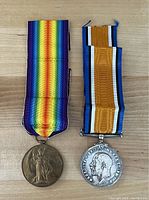 Front view of both medals with their ribbons, Victory Medal bronze with rainbow ribbon on left, British War Medal silver with yellow/white/blue ribbon on right.