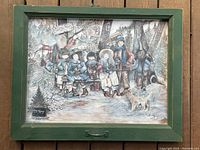 Full view of framed print showing children waiting for bus in snowy rural scene, signed by artist in bottom right corner.
