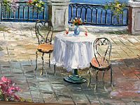 Close-up of the oil painting showing two wrought iron chairs and table on terrace with harbor view