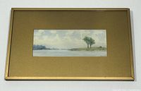 Full view of the framed watercolour painting showing the gold frame and brown matte border with the painting centered.
