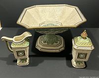 Lot of three Fitz & Floyd Gregorian ceramic pieces: creamer, sugar dish with lid, and large pedestal bowl all shown together.