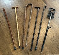 Collection of seven walking sticks showing variety of wood types, handle styles, and finishes.