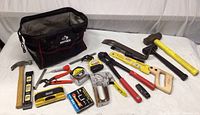 Overview of tool bag with assorted tools arranged in front including hammer, mallet, crowbar, handsaw, and others.