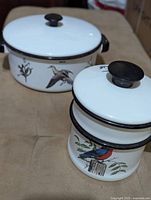 Photo showing the lidded casserole and double boiler side by side with visible bird and plant artwork