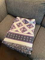 Folded woven throw showing purple and cream diamond and floral pattern bordered by patterned stripes and fringed edges on gray couch